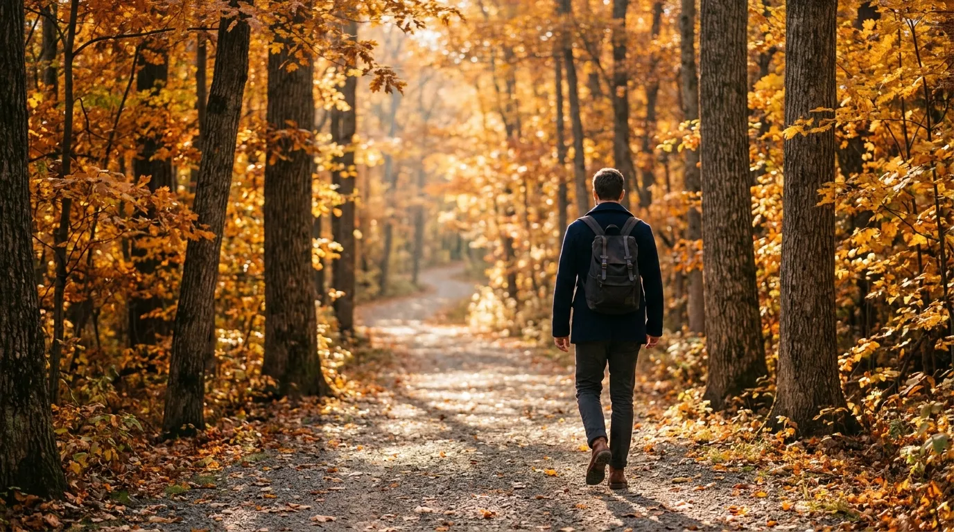 Person standing in park with natural golden hour lighting behind trees