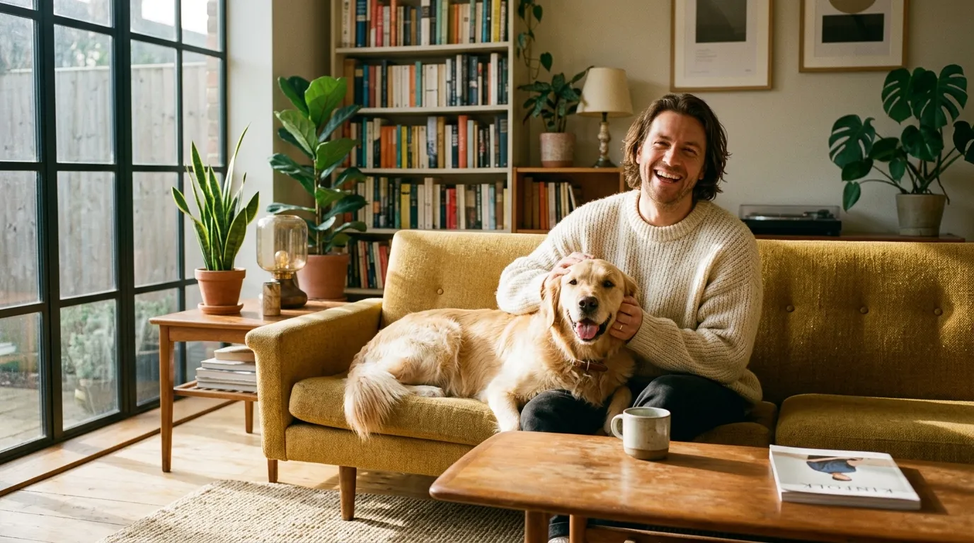 A laughing man in a cream sweater on a mustard sofa with a golden retriever resting beside him, in a bright living room