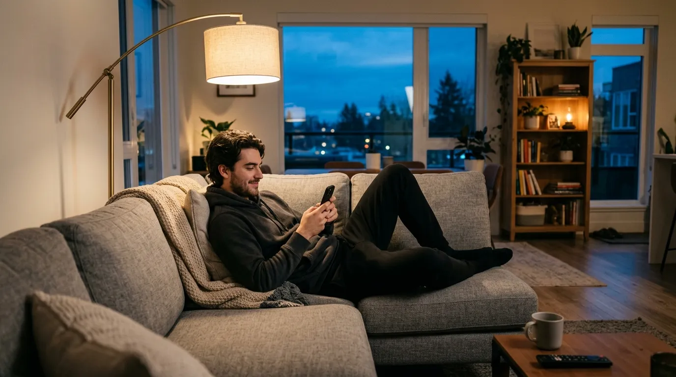 A person swiping on a dating app on their phone while sitting on a couch