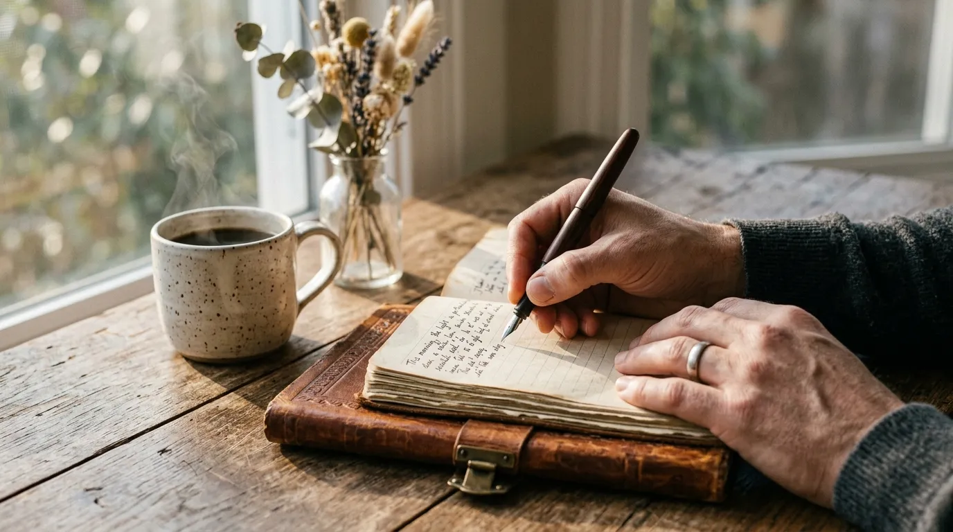 Person reviewing their dating profile on a laptop with a notebook nearby