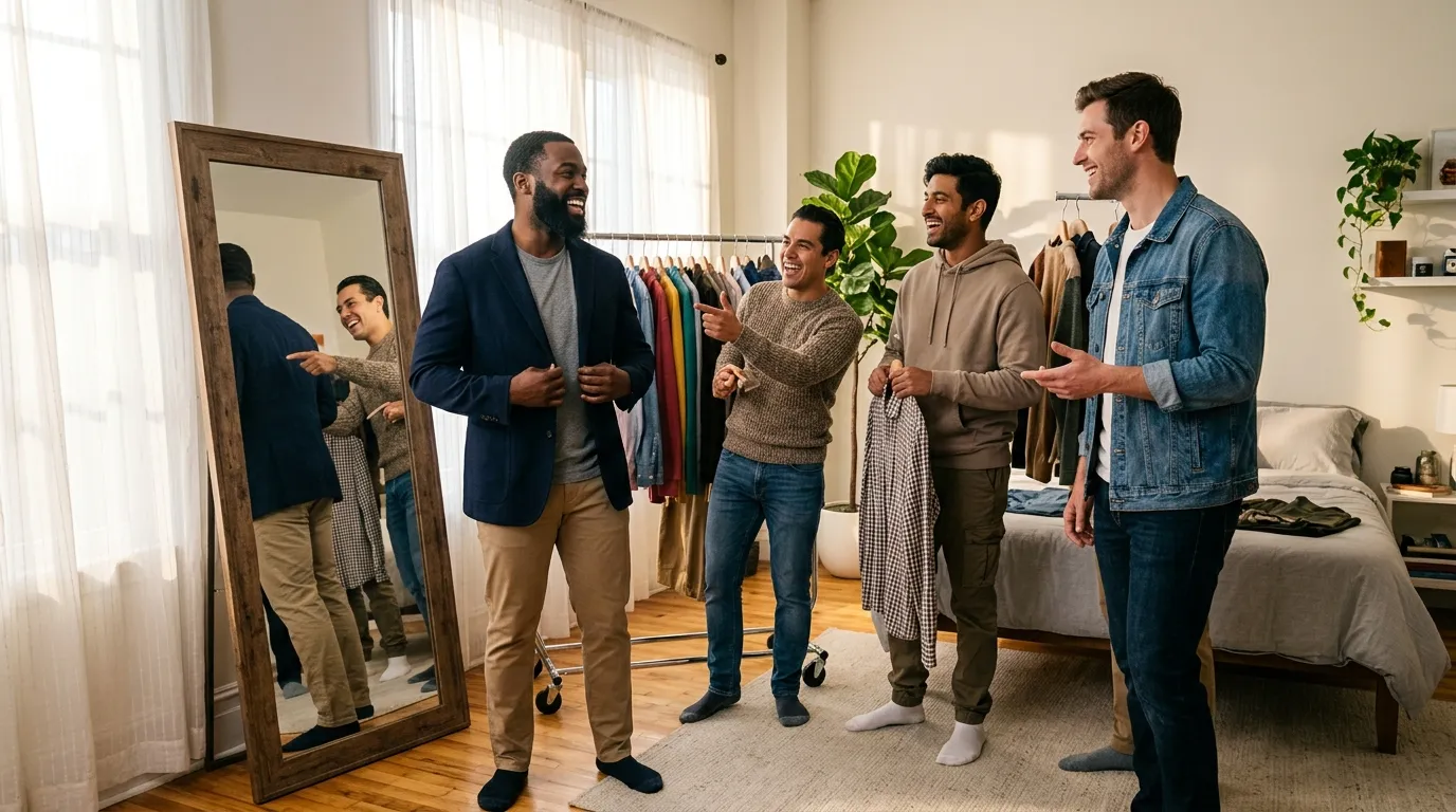 Two friends reviewing photos on a phone together, giving honest feedback