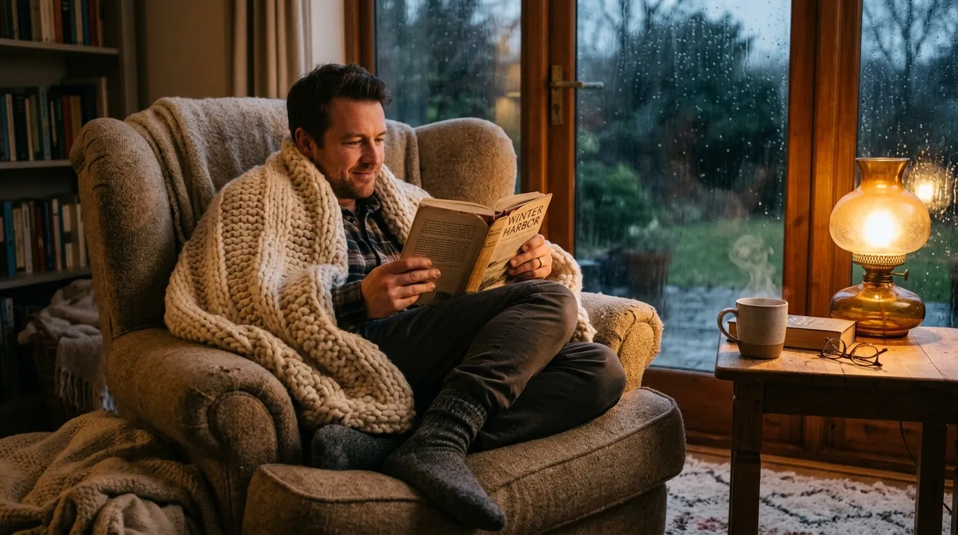 Person curled up on a couch reading a book in soft afternoon light, representing the kind of specific anchor that turns a vague hobby into a bio hook