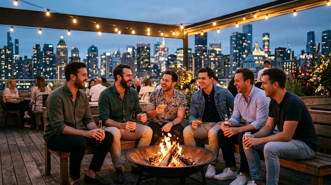 A small group of friends laughing together in warm evening light