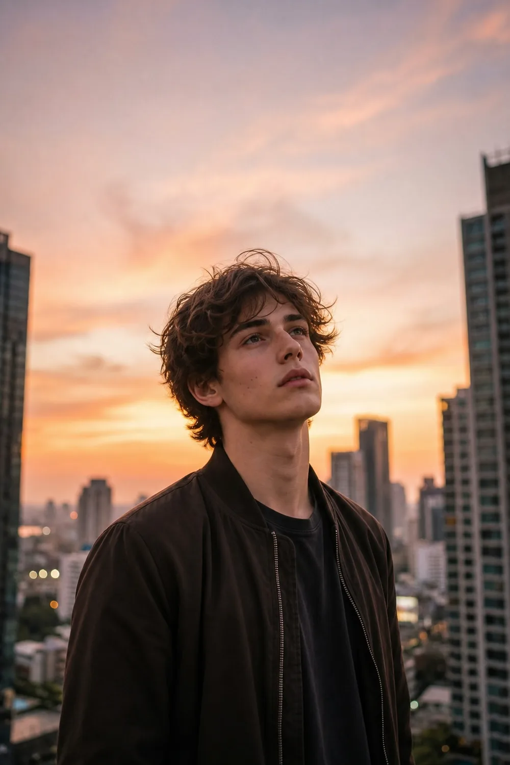 AI-generated rooftop sunset dating profile photo